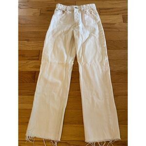 Zara women's white button fly high rise frayed hem straight leg mom jeans sz 2
